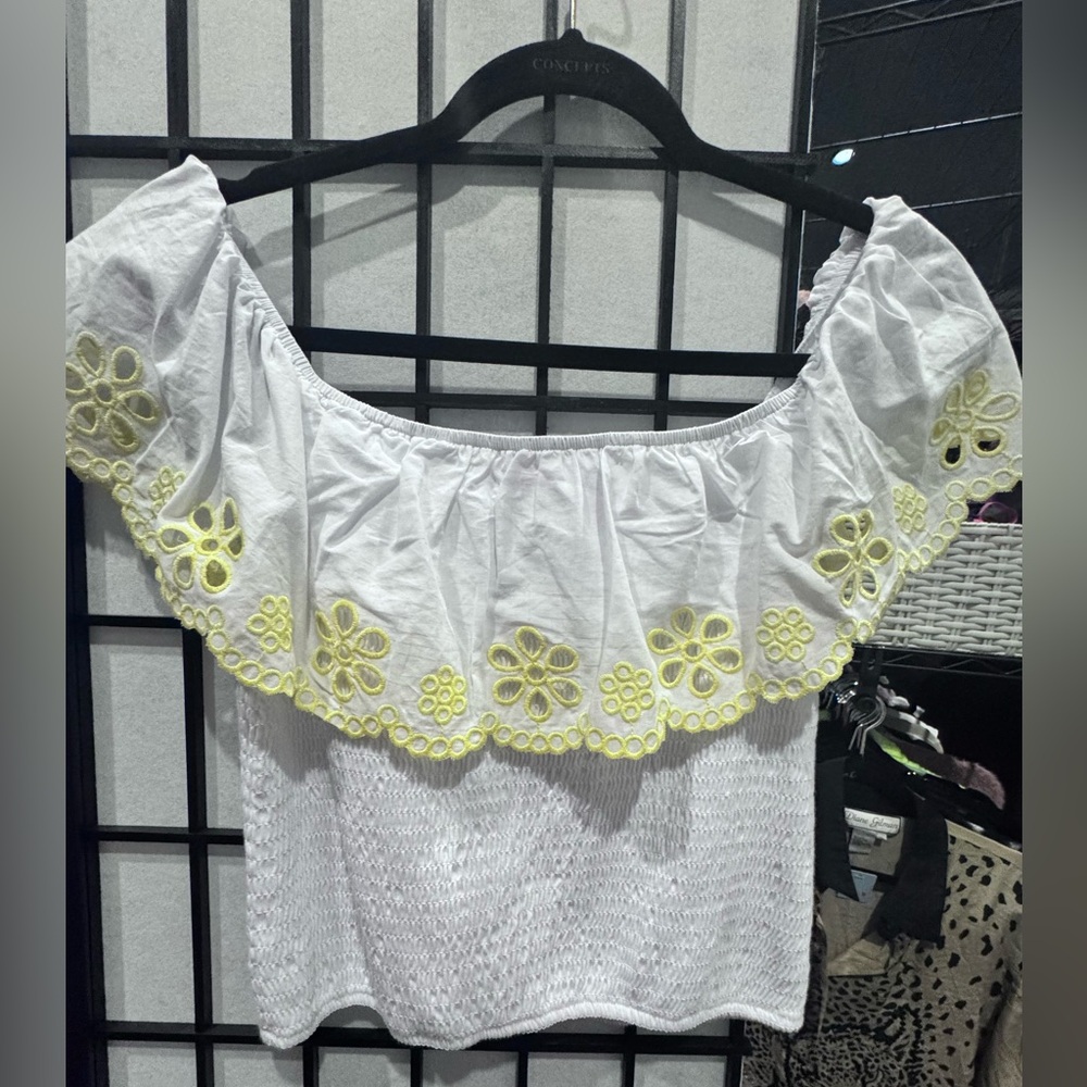 White and Yellow Off-Shoulder Top